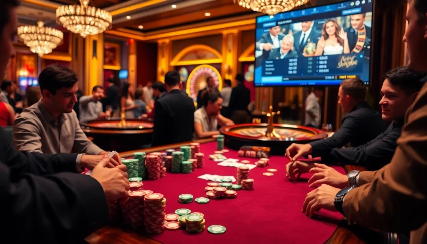 Players enjoying an exciting poker game at a luxury casino table representing nhà cái qq88, highlighting poker chips and a roulette wheel.