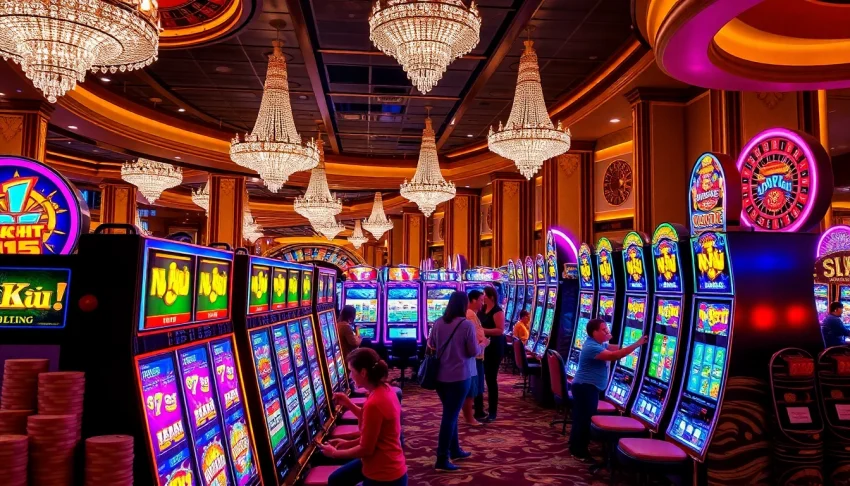Experience the excitement of nổ hũ in a vibrant casino scene with players pulling slot machine levers.
