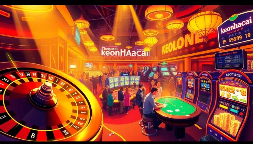 An exciting casino scene featuring a roulette wheel and players at a poker table, highlighting keonhacai in live betting action.