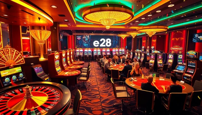 Witness thrilling casino action at e28, featuring vibrant slot machines, poker tables, and excited players betting big.