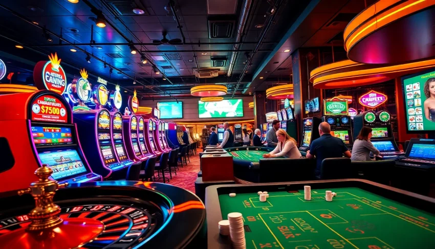 Direct payday loans UK poster on the casino wall amid lively gambling activities.