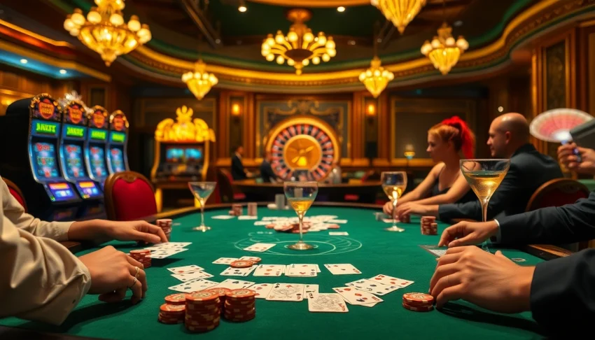 23win casino poker table with engaged players and dazzling slot machines.