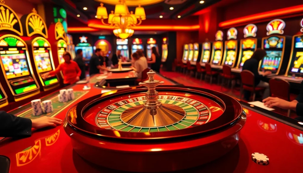 Roulette wheel and vibrant casino atmosphere showcasing online gambling excitement at https://uu88i.tech/.