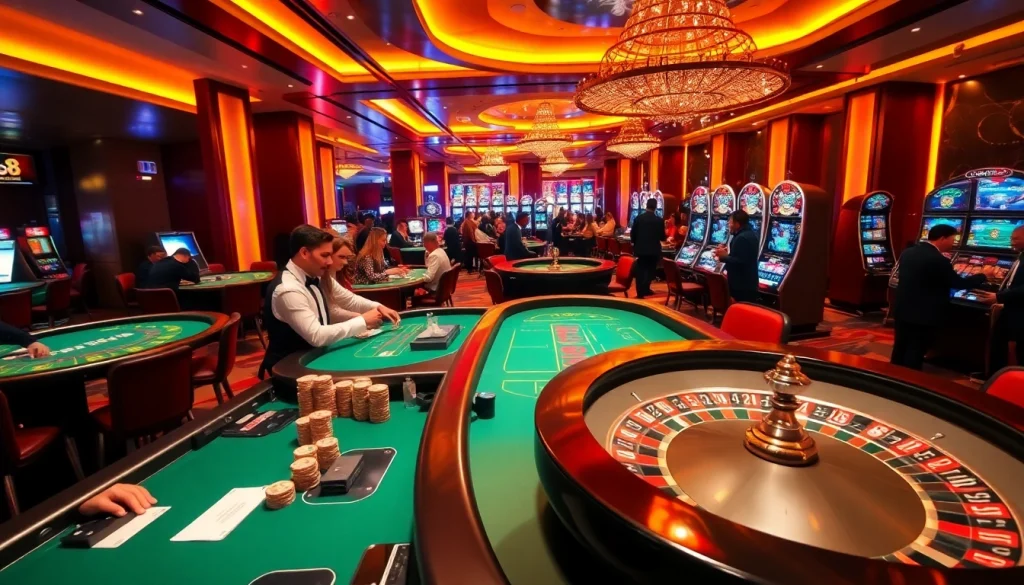 Experience the thrill of high-stakes gambling at go8 com with players at vibrant casino tables and bright slot machines.