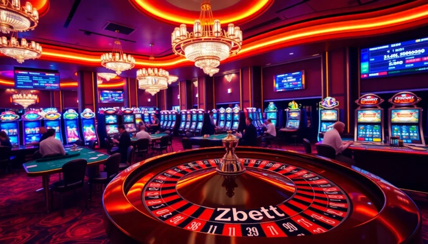 Zbet betting slip on a vibrant casino floor bustling with players at roulette and blackjack tables