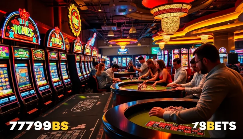Players enjoying a thrilling night at 789BETS casino, surrounded by colorful slot machines and vibrant games.