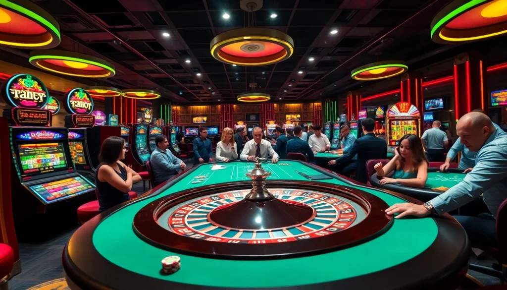 KJC roulette table filled with excited players betting in a lively casino atmosphere.
