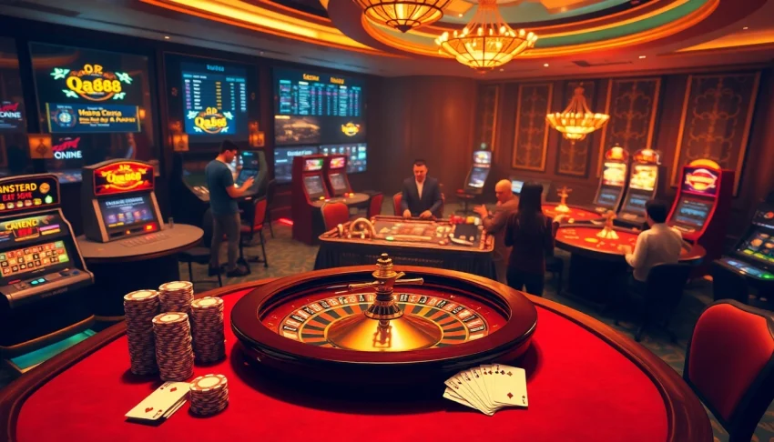 Engaging players at nhà cái qq88 table games, taking bets and enjoying a vibrant casino atmosphere.
