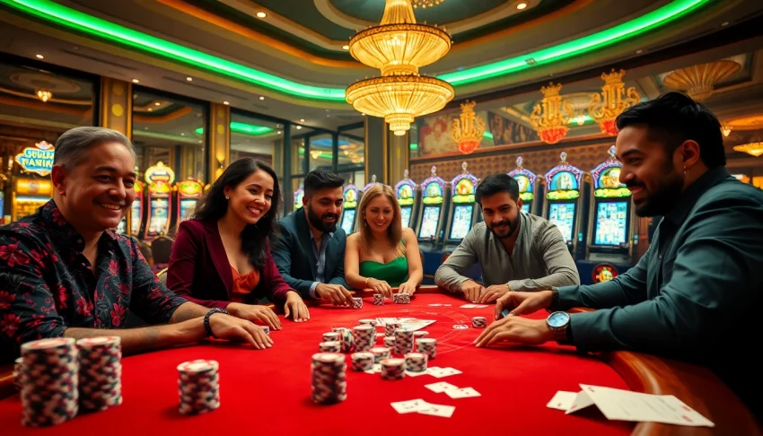 Experience the excitement of high-stakes gaming at https://789bet.racing with poker chips, cards, and thrilling slot machines showcased in a vibrant casino scene.