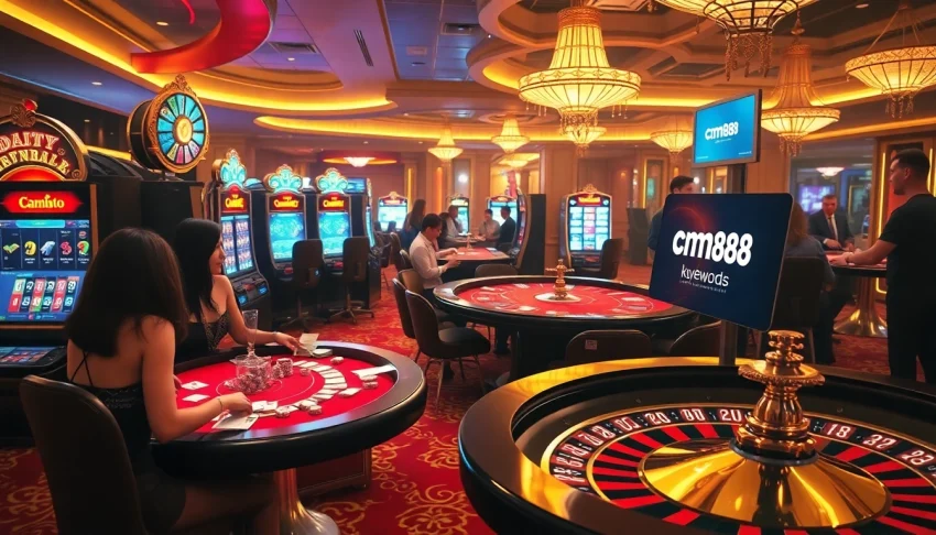 Experience cm88 as players thrill in a vibrant casino with active slots, poker games, and roulette.