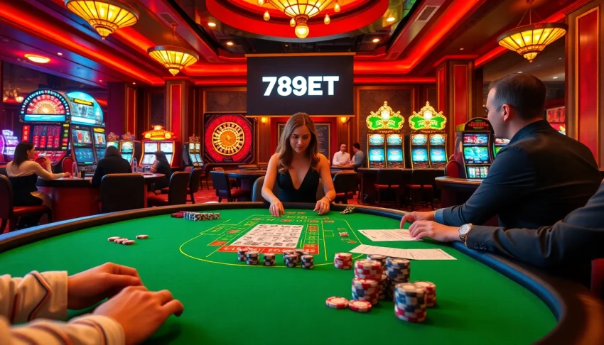 Explore the thrilling action at 789BETS as players enjoy intense poker games under warm casino lights with vibrant slot machines.