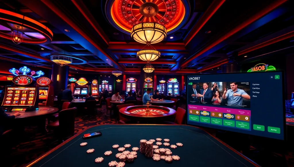VAOBET casino scene with players engaging at poker tables and slot machines.