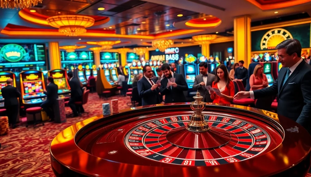 MM88 casino scene featuring an exciting roulette table with enthusiastic players and vibrant lighting.