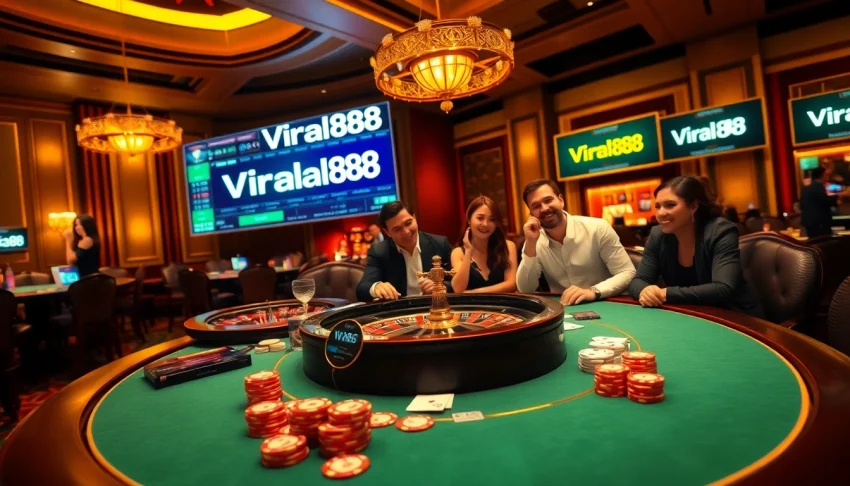 Experience the excitement of Viral88 at a vibrant casino with players engaged at a poker table.