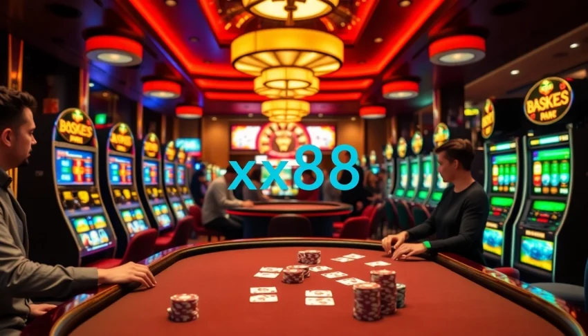 Players enjoying intense poker action at a casino table, xx88 poker chips in focus.