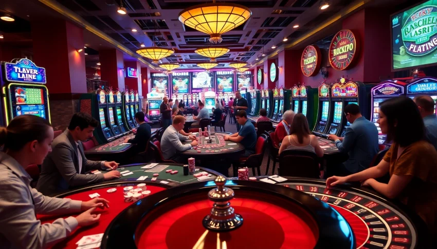 Players enjoying the thrill of gambling at 58WIN's vibrant casino atmosphere with poker chips and roulette wheels.