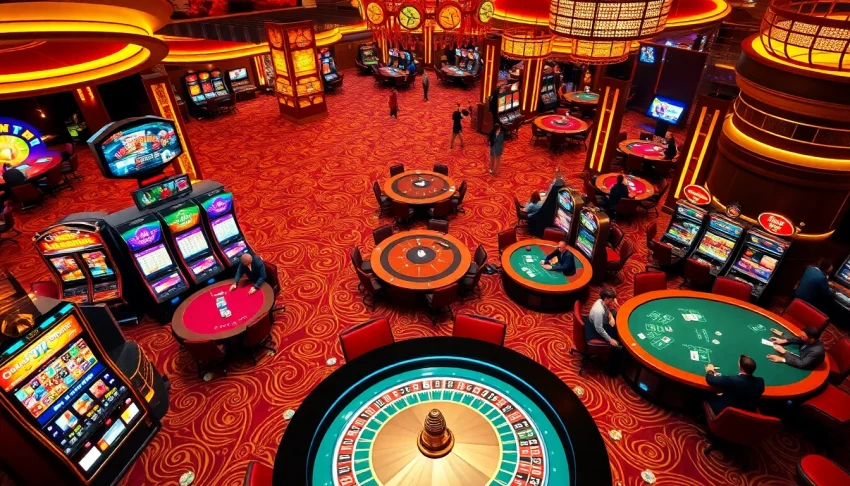 Explore the vibrant casino scene at https://f8beta2.me/ with bustling players at poker tables and bright slot machines.