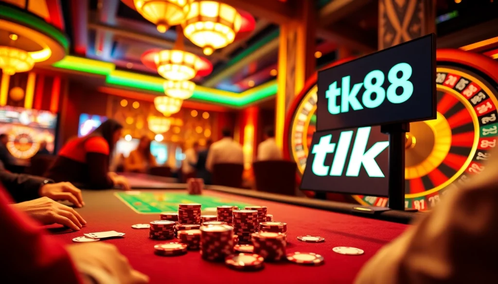 Experience thrilling poker gameplay at tk88 casino with vibrant chips and cards on display.