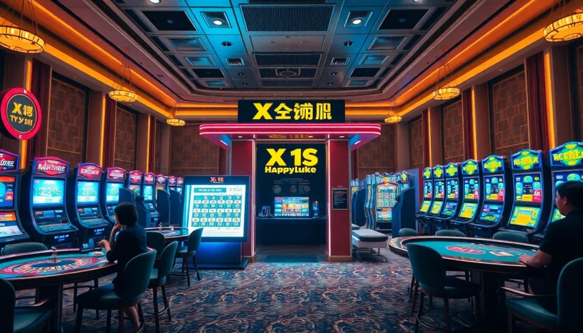 Xổ Số Happyluke results displayed at an elegant casino, featuring vibrant tables and excited players.