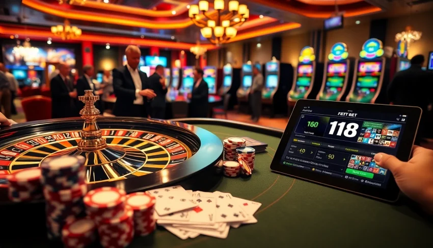 Exciting casino scene with players engaging in games and f168 branded betting options, vibrant roulette, and slot machines.