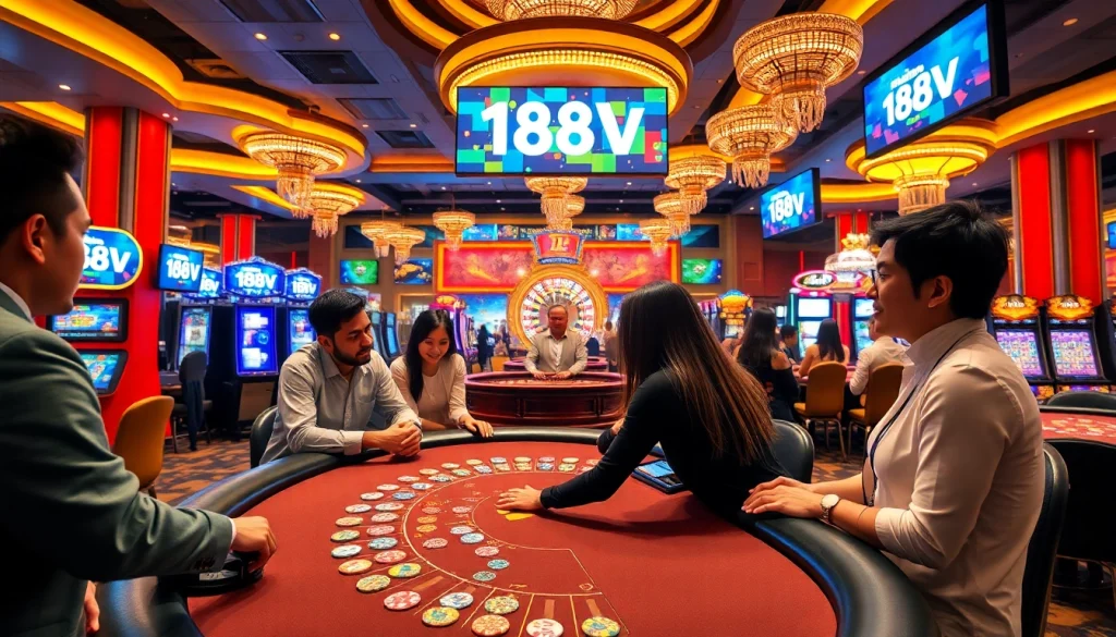 Players immersing in the excitement of 188V casino experience at vibrant tables.