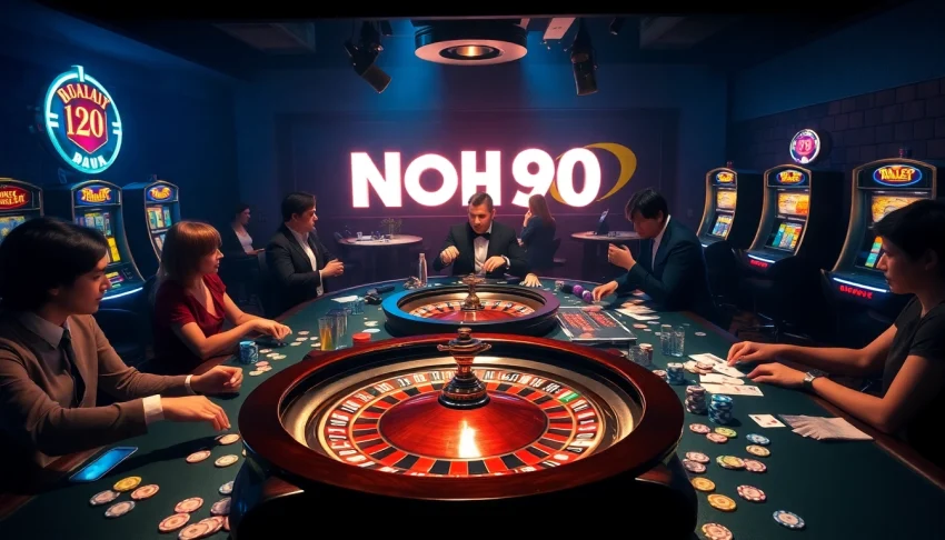 Nohu90's bustling casino scene with roulette and excited players placing bets.