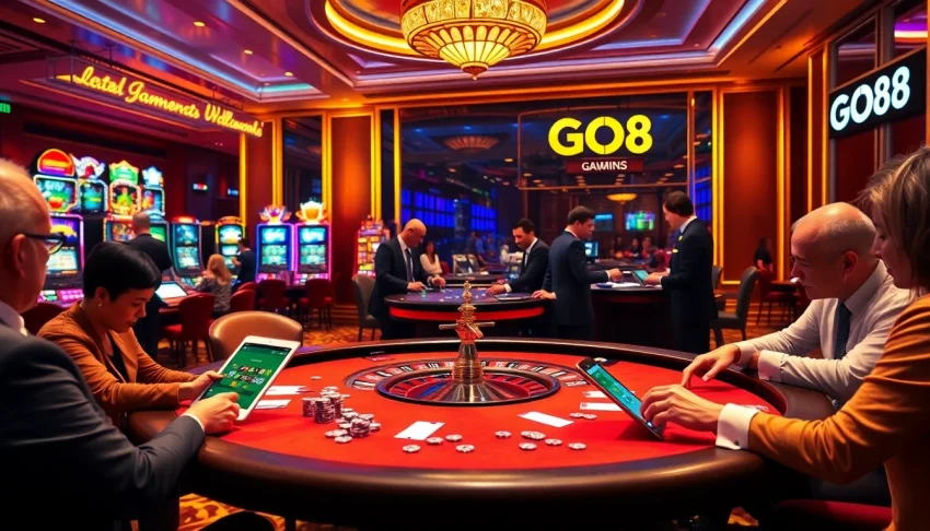 GO8 casino action featuring high-stakes poker game amidst luxurious slot machines and roulette tables.