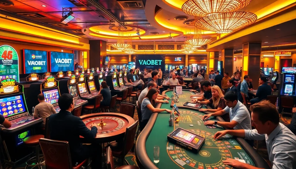 VAOBET offers an exciting blend of live casino action with players at poker tables and vibrant slot machines.