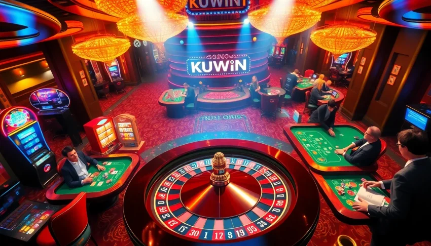 Exciting gambling scene at a casino with players engaging in high-stakes games featuring KUWIN branding.