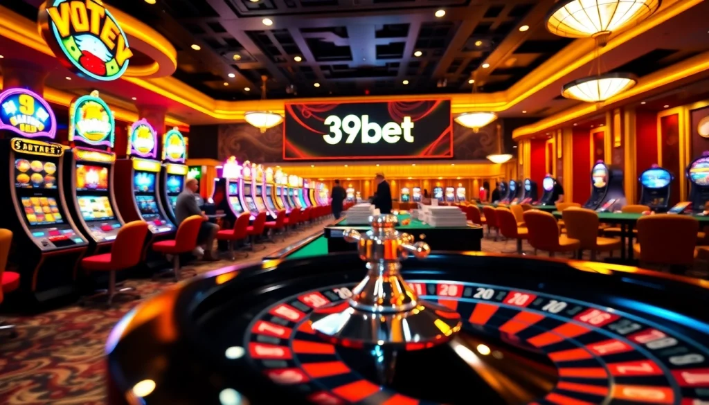 39bet casino scene showing players' excitement at blackjack and vibrant slot machines.