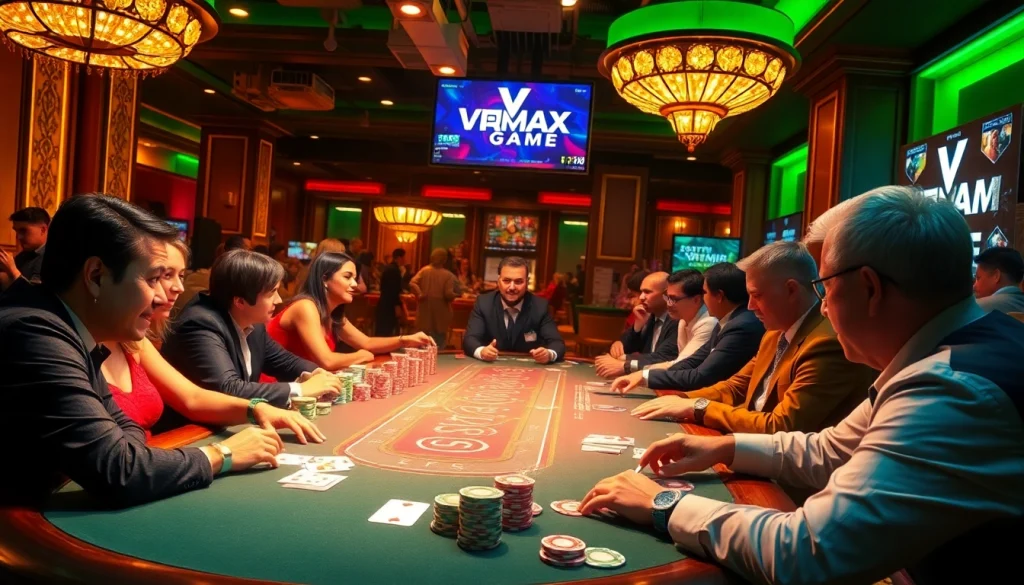 Experience the excitement of the VMAX Game in a bustling casino with vibrant poker action and colorful chips.