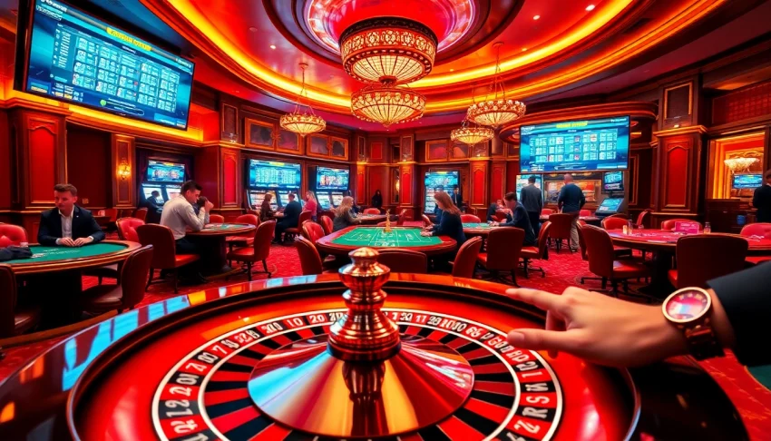 Experience the exciting i1dompet gaming lounge filled with casino tables and vibrant players.