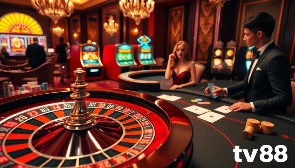 Exciting gaming action at tv88 with luxurious casino atmosphere featuring roulette and poker.