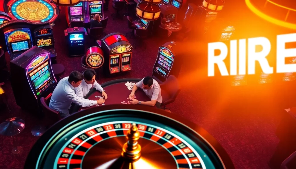 RREE's vibrant casino atmosphere filled with intense poker action, colorful slot machines, and thrilling roulette excitement.