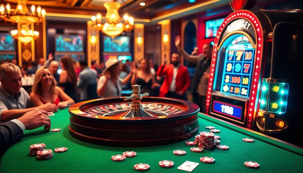 Exciting casino scene showcasing roulette and slot machines at C168, capturing the thrill of gambling.