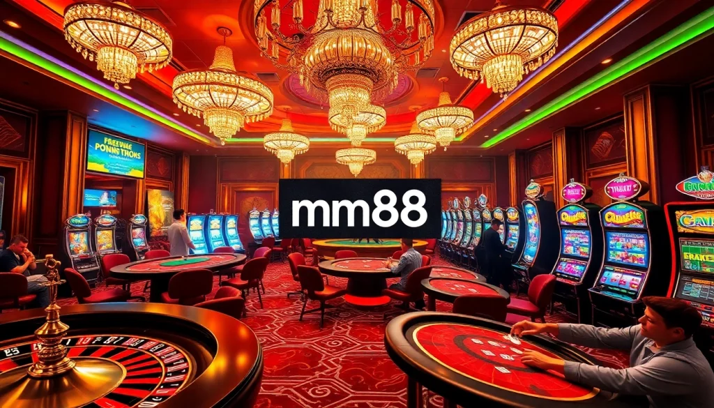 Experience the thrill of mm88 with players at a vibrant casino table, cards, and roulette wheel.