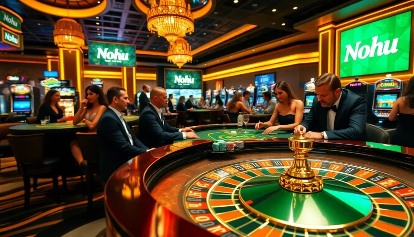 Nohu-themed casino action with players intense in a poker game, showcasing vibrant chips and cards.