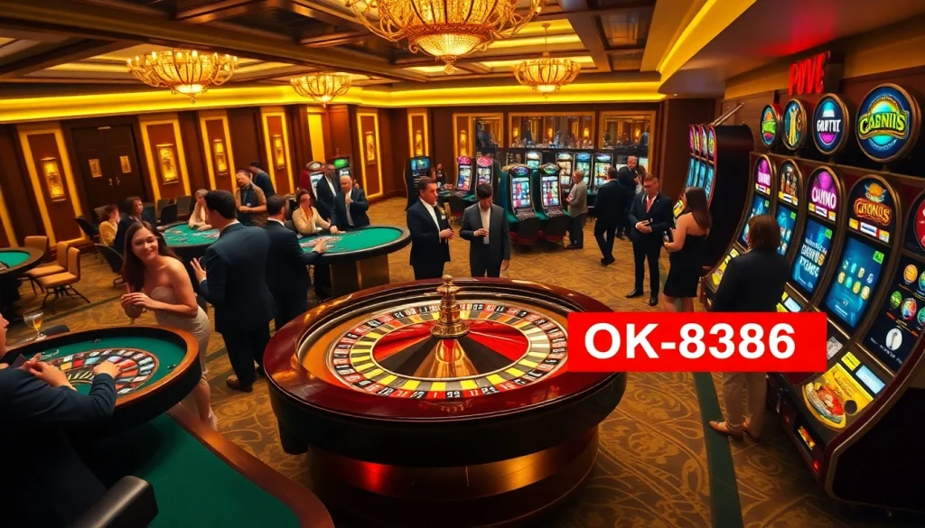Exciting casino scene featuring players at the roulette table, embodying the thrill of gambling with OK8386 brand experience.