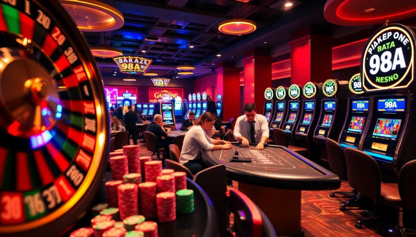 Dynamic casino scene showcasing roulette, poker, and slot machines with vibrant colors, featuring 98A on a slot sign.