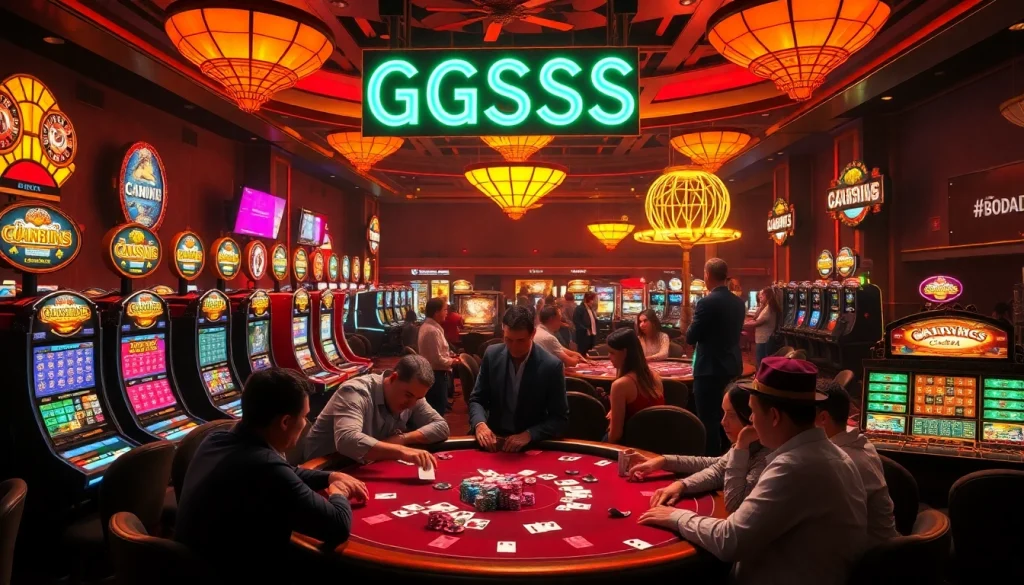 GGSS logo glowing amidst dynamic casino action with poker players and vibrant slot machines.