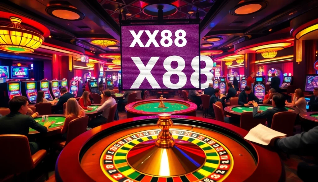 XX88 casino setting with vibrant roulette wheel, engaging poker players, and colorful slot machines capturing the thrill of gambling.