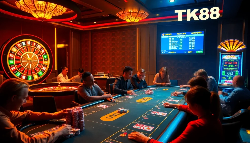 Intense poker game action at https://tk88t.org/ featuring vibrant casino atmosphere and high-stakes excitement.