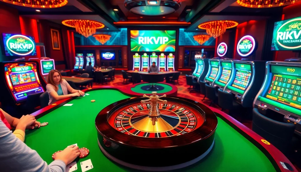 Experience the thrill of RIKVIP as players engage in exciting casino games at a lavish gambling venue.