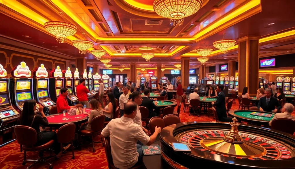 Exciting casino gaming scene at https://fi88.sa.com/ with slot machines and poker tables.