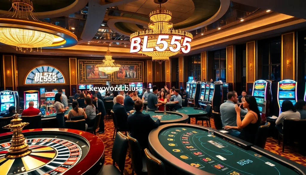 BL555 casino scene featuring players at tables, exciting roulette, and vibrant slot machines.