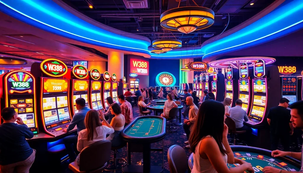 W388 casino settings with players enjoying slot machines and poker tables, showcasing excitement.
